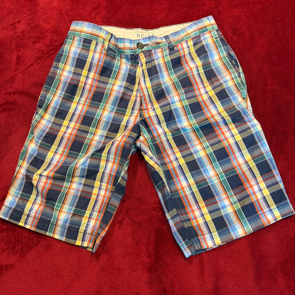 Reiss Mens Plaid Shorts Multi Color Navy Orange Green Check Flat Front Size 30